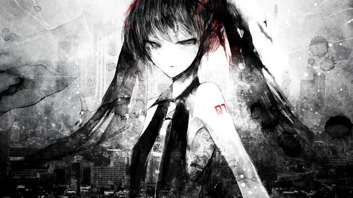Hatsune Miku in a grayscale anime style with red accents