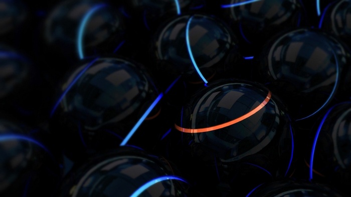 Abstract 3D render of dark spheres with glowing lines