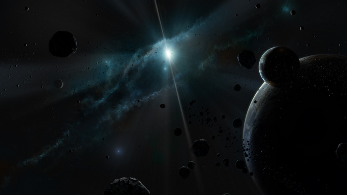 Asteroids and planets in a nebula with a bright light source