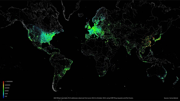 World map of reachable IPv4 addresses