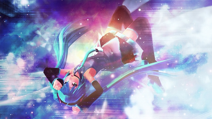 Hatsune Miku falling through a colorful nebula
