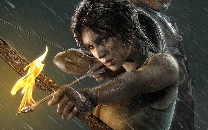 Lara Croft aims a flaming arrow in Tomb Raider