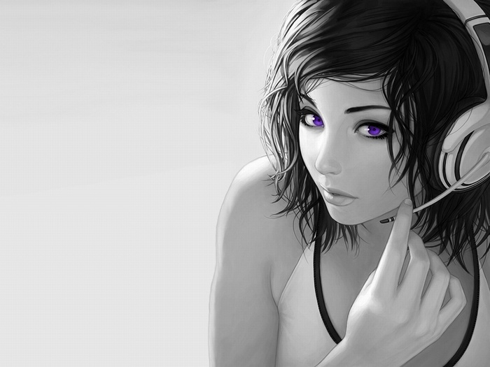 Artwork of a woman with purple eyes wearing headphones