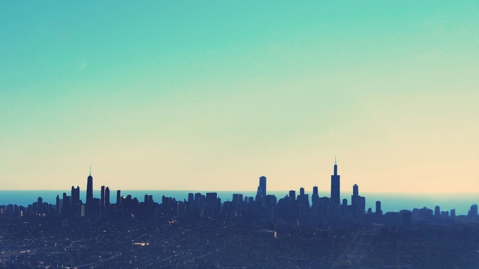 Chicago cityscape with skyscrapers at sunset