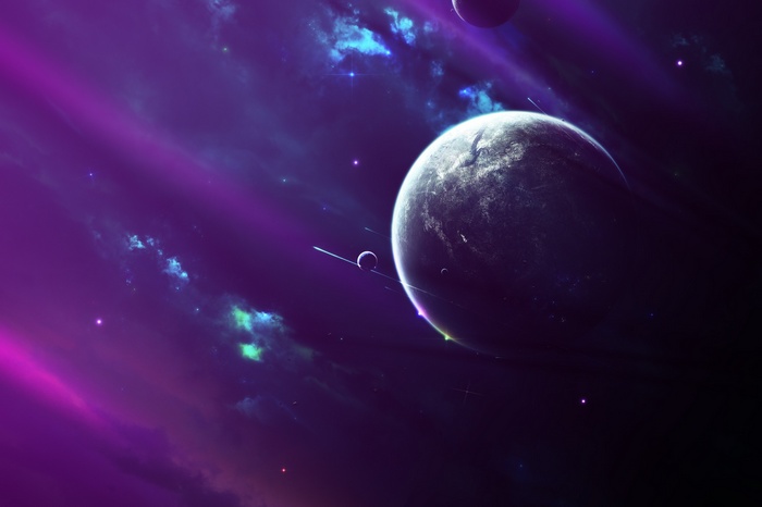 Digital art of planets and nebulae in space
