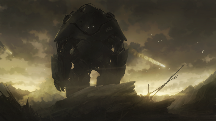 Giant mech in an apocalyptic landscape