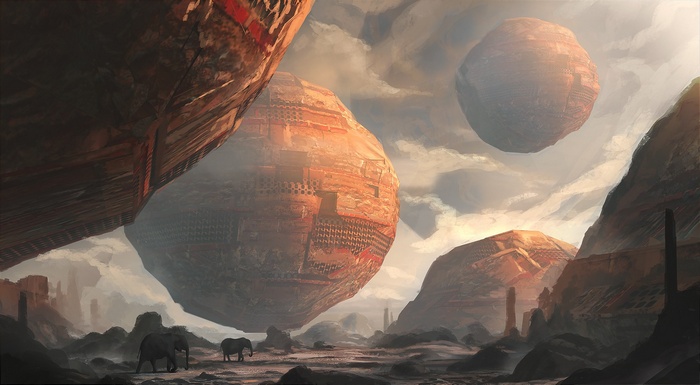 Abstract alien landscape with floating spheres and elephants