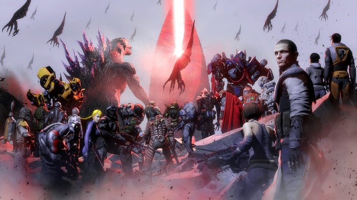 Godzilla, Optimus Prime, and video game characters in a battle