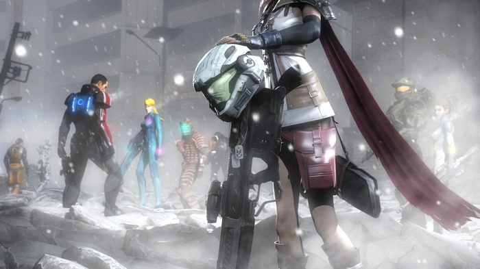 Commander Shepard, Samus Aran, Isaac Clarke, Master Chief, and others in a snowy city
