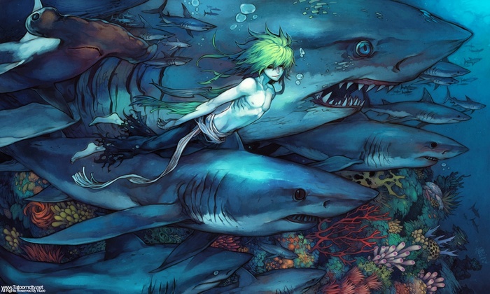 Anime boy with green hair surrounded by sharks
