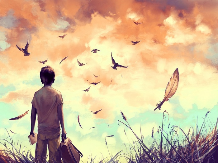 Boy with backpack and book watching birds and feathers