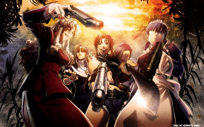 Black Lagoon: Revy, Eda, Balalaika, Roberta, and Shenhua with guns