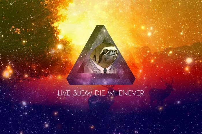 Sloth in a suit inside a triangle with a galaxy background
