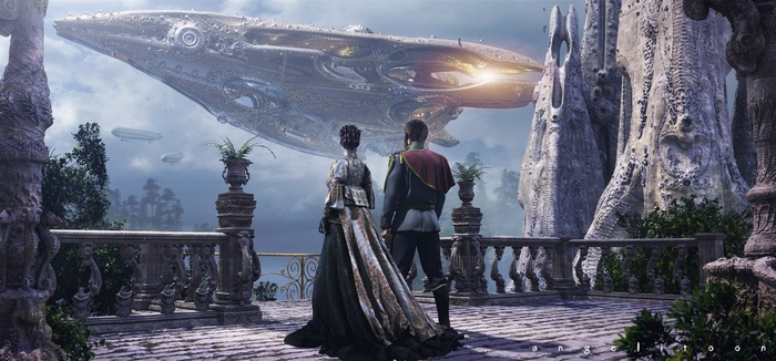 Couple watches a massive steampunk airship from a balcony