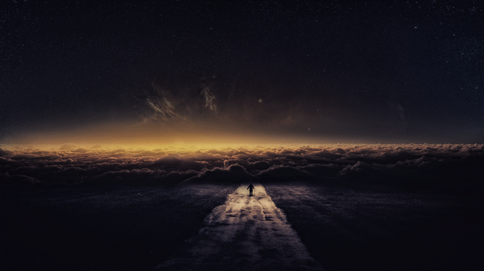 A lone figure walks on a road through clouds under a starry sky