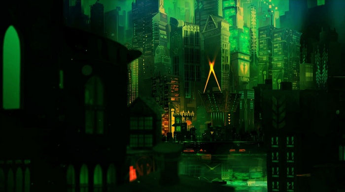 Digital art of a futuristic green city at night