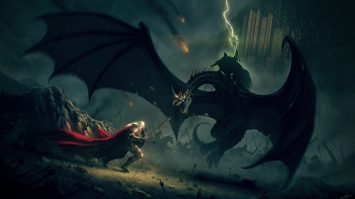 The Witch-king of Angmar on a dragon battles Éowyn
