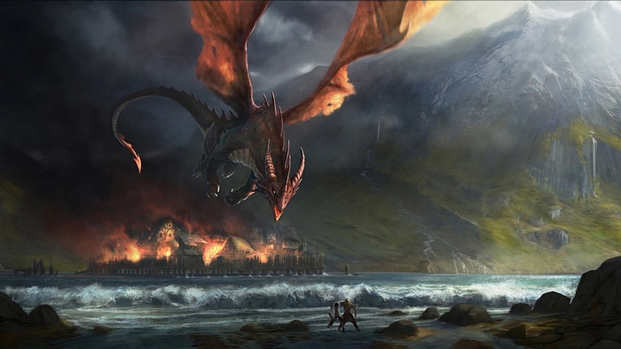 Smaug the dragon attacks a burning town by the sea