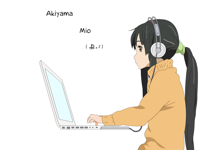 Akiyama Mio wearing headphones using a laptop