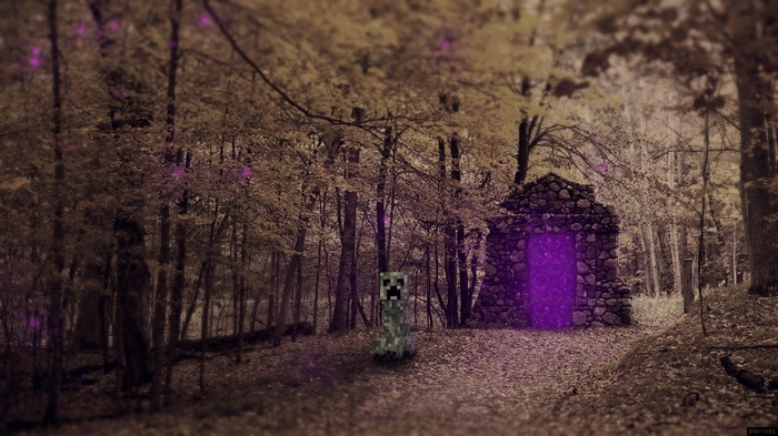 Realistic Trees Creeper Minecraft Video Games Nether Portal Landscape Nature Digital Art