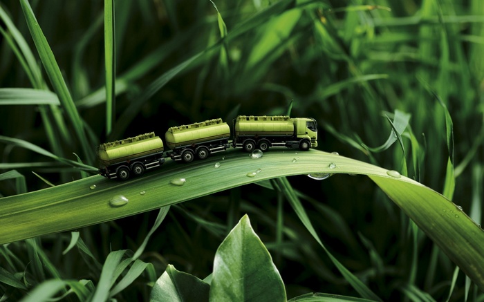 Toy trucks on a blade of grass with water droplets