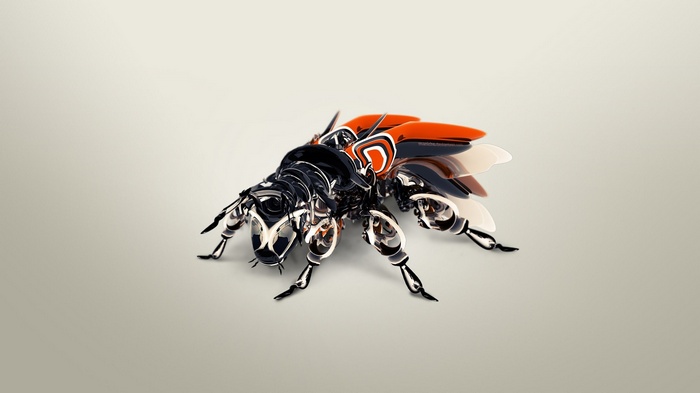 Mechanical insect with orange wings on a simple background