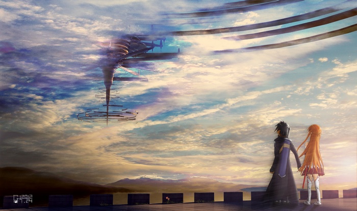 Sword Art Online: Kirito and Asuna looking at a floating structure