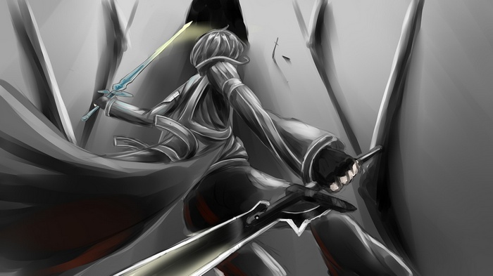 Kirito and Asuna fighting with swords