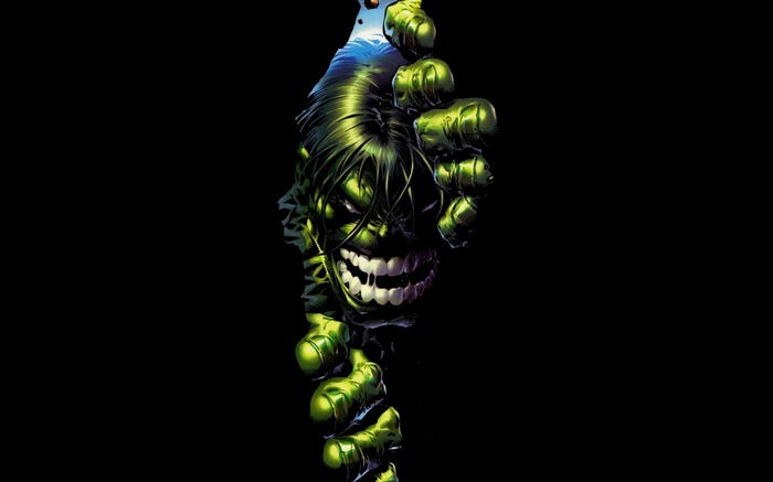 The Hulk peeking from behind a black background