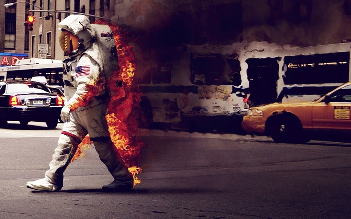 Astronaut on fire crossing a street in New York City