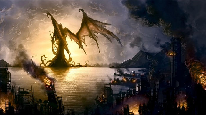 Creature with wings over a burning city