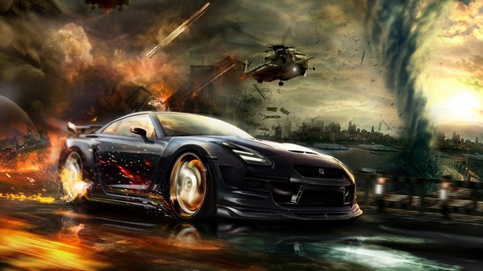 #4599869 CGI, vehicle, Nissan GT-R, digital art, car, fire, render ...