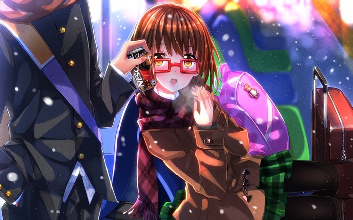 Anime girl with glasses holding a Nescafé can