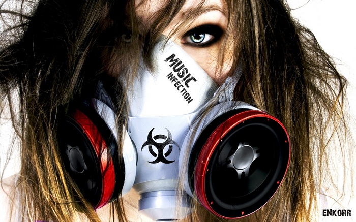 Woman wearing a gas mask with headphones and speakers