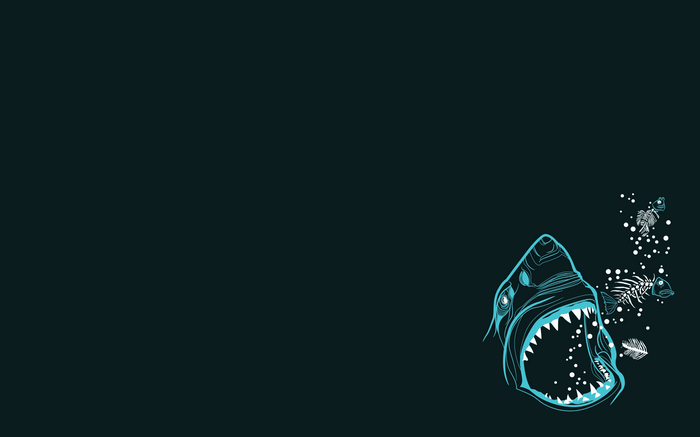 Teal shark with fish bones and bubbles