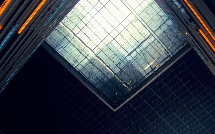 Modern architecture with glass ceiling and neon lights