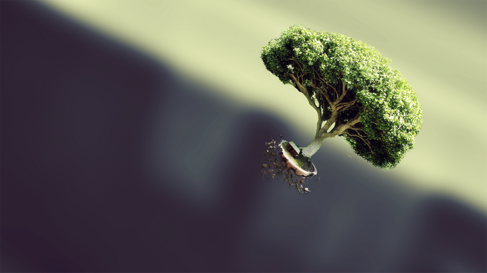 Floating bonsai tree with crumbling earth