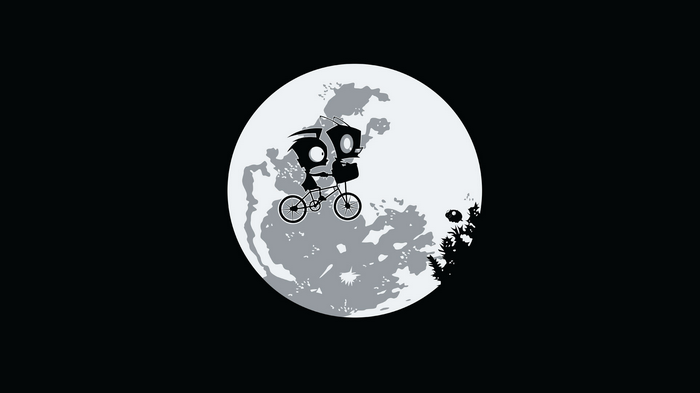 Invader Zim characters riding a bicycle on the Moon