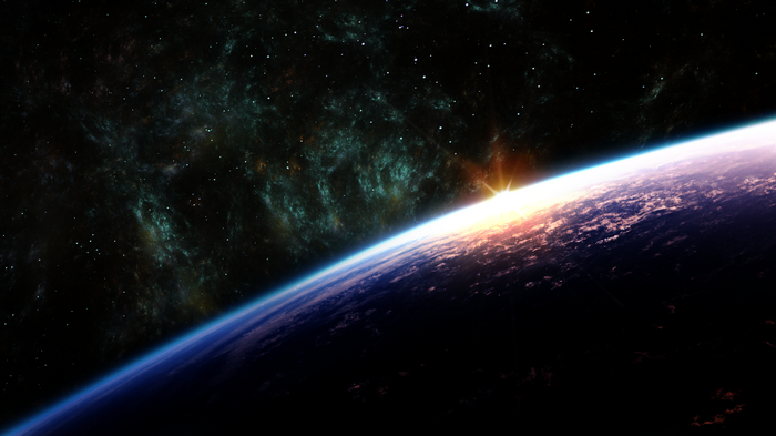 Sunrise over Earth from space with nebula