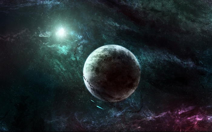 Planet in a colorful nebula with a bright star