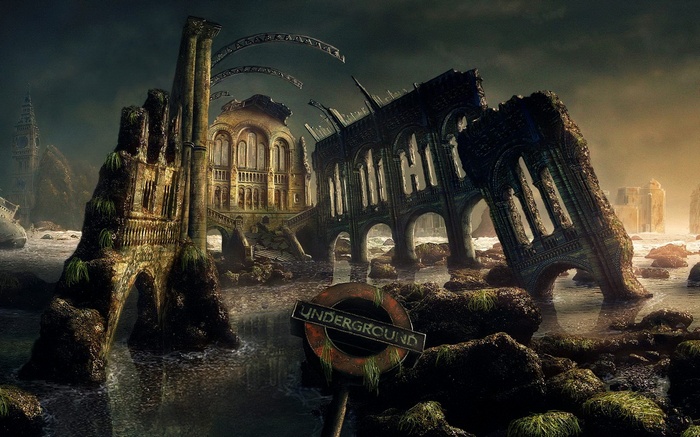Apocalyptic ruins of a city with an underground sign