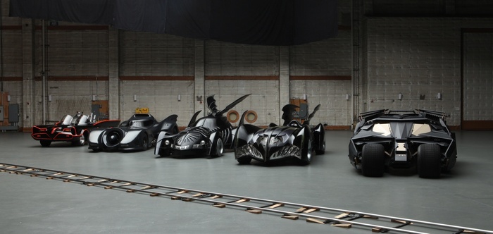 Multiple Batmobiles from different Batman eras