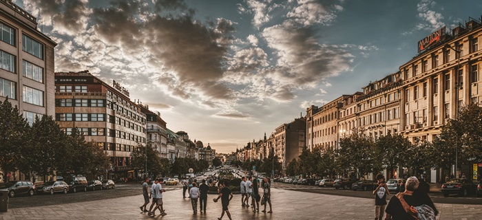 Wenceslas Square in Prague with people and buildings