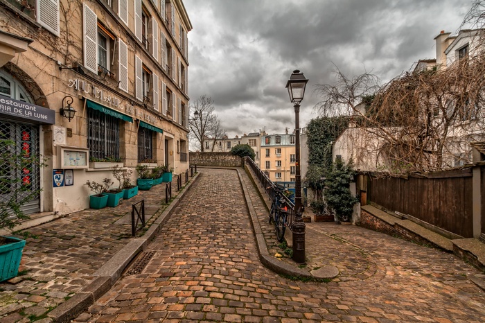 Cobblestone street in Montmartre, Paris