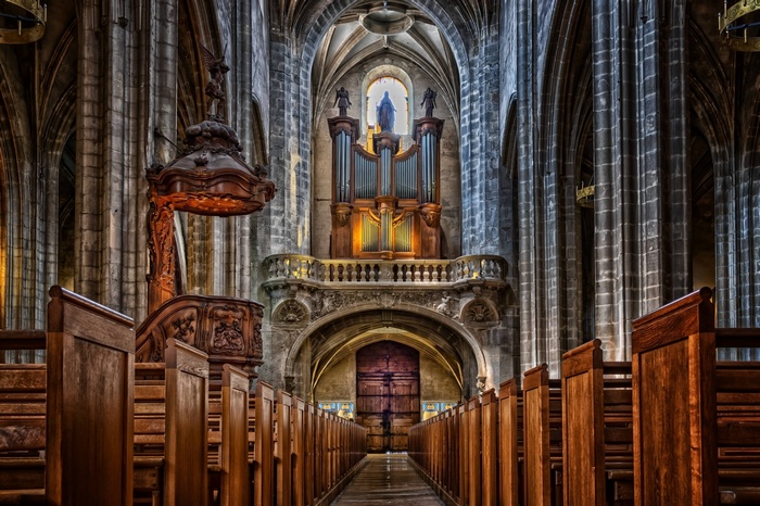 Interior of a grand church with pews and organ