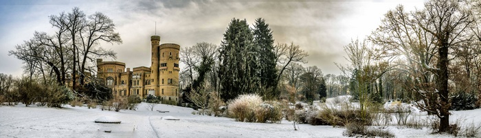 Wintry castle landscape with snow-covered trees