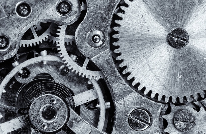 Close-up of vintage clockwork gears and mechanisms