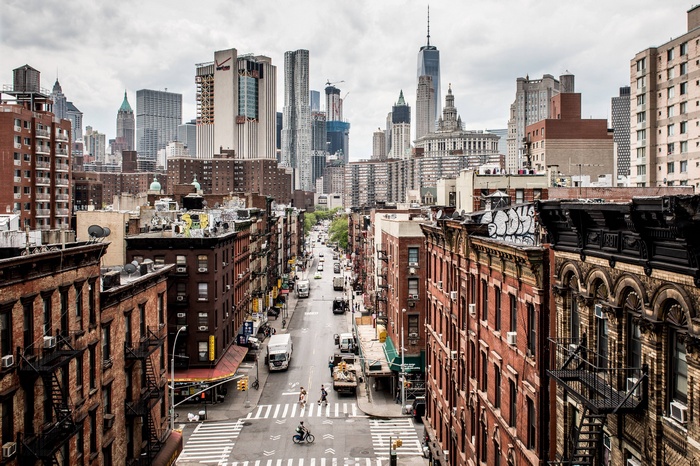 New York City street view with skyscrapers