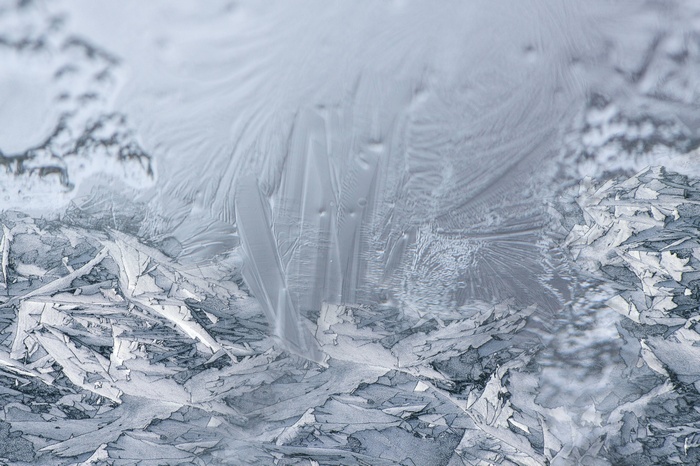Frozen ice crystals on a window in winter