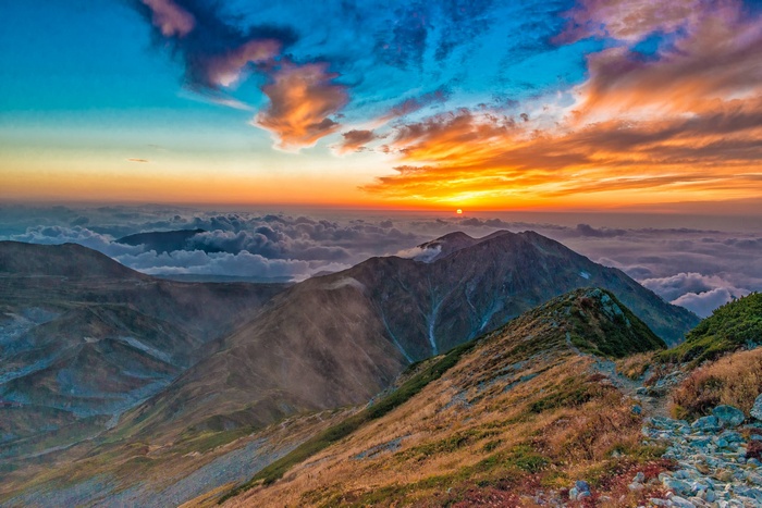 Sunset over the Tateyama Alps with clouds